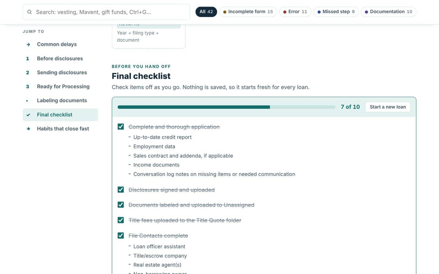 Final checklist with progress bar showing 7 of 10 done